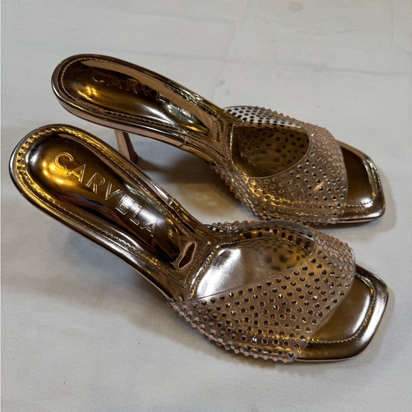 Carvela Metallic Gold & Rhinestone High Heeled Mules - Picture 5 of 10
